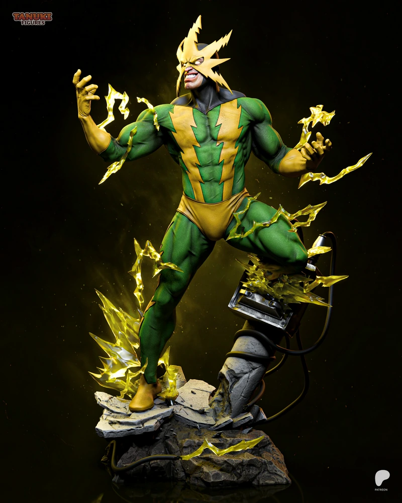 Electro Marvel figure in a green and yellow suit with lightning effects on a rocky base