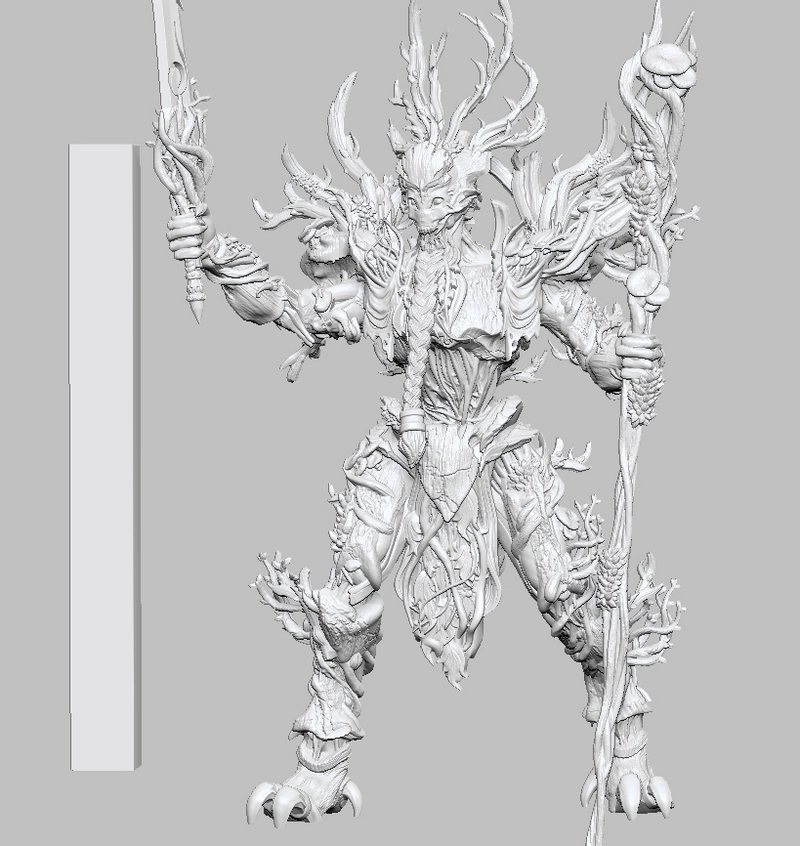 Original fantasy ent figure with antlers, bark textures, mushrooms and staffs