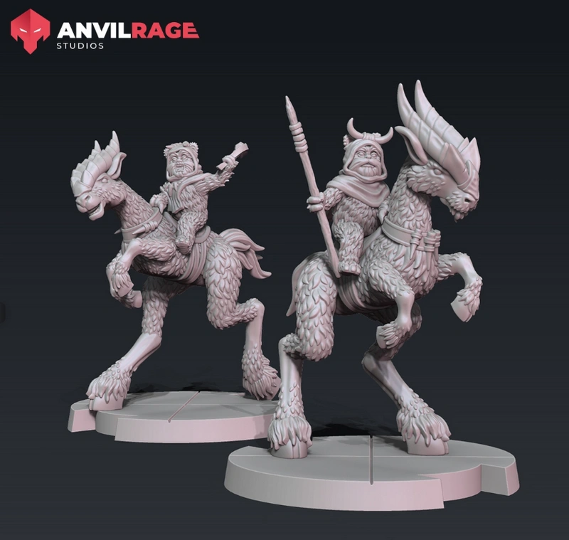 Two mounted Ewok figures riding rearing horned creatures on round bases