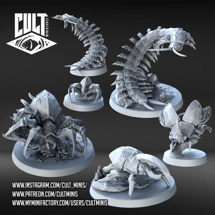 Fantasy forest bug miniatures with armored bodies and spines on round bases