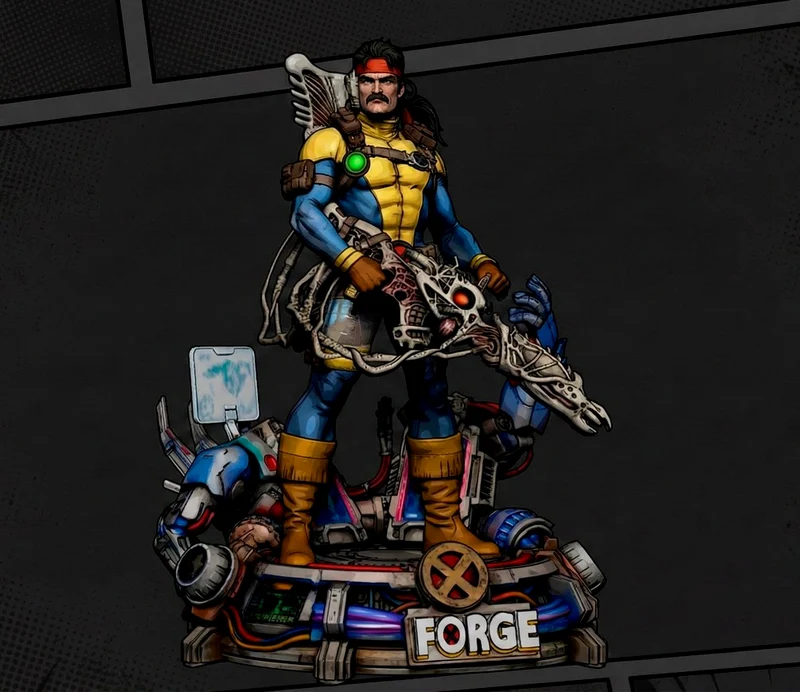 Forge original character figure with a skeletal weapon on a mechanical base