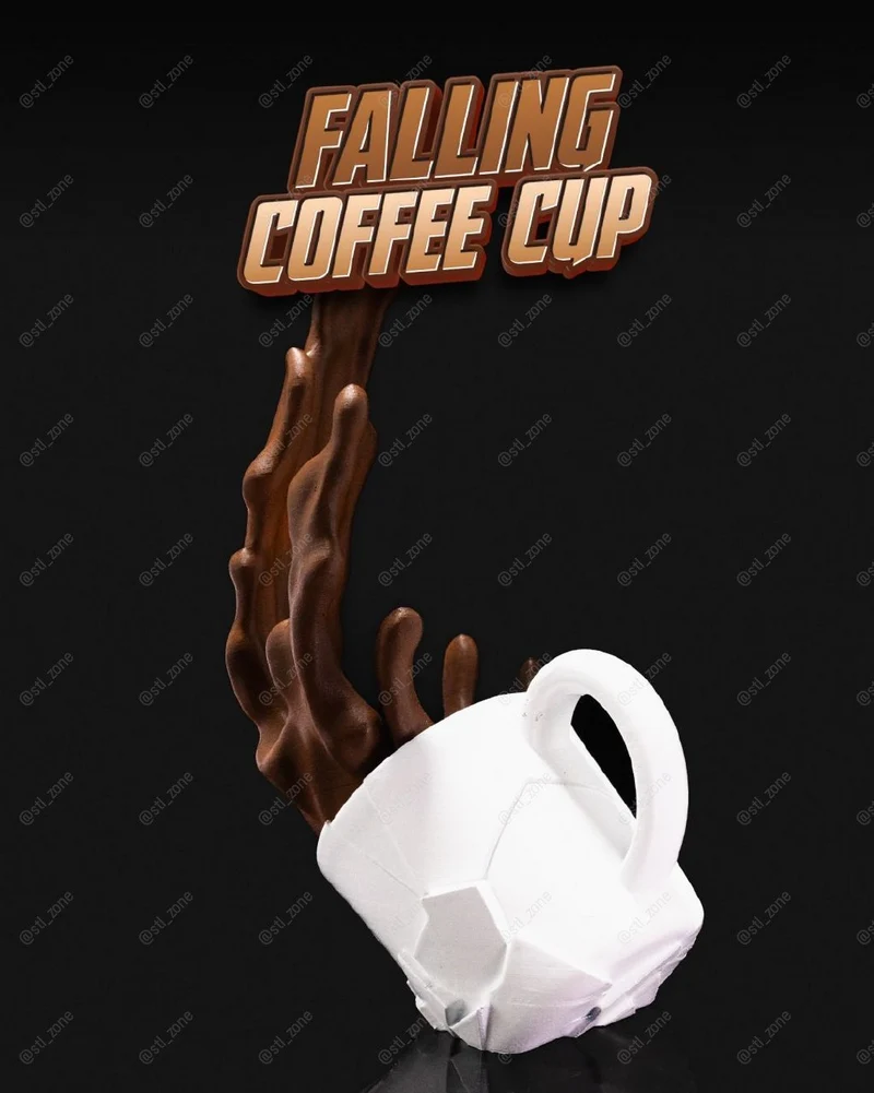 Faceted white coffee cup tilted beneath a tall brown splash sculpture
