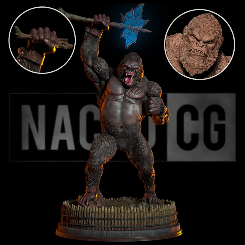 Original gorilla warrior statue holding a raised axe on a detailed circular base