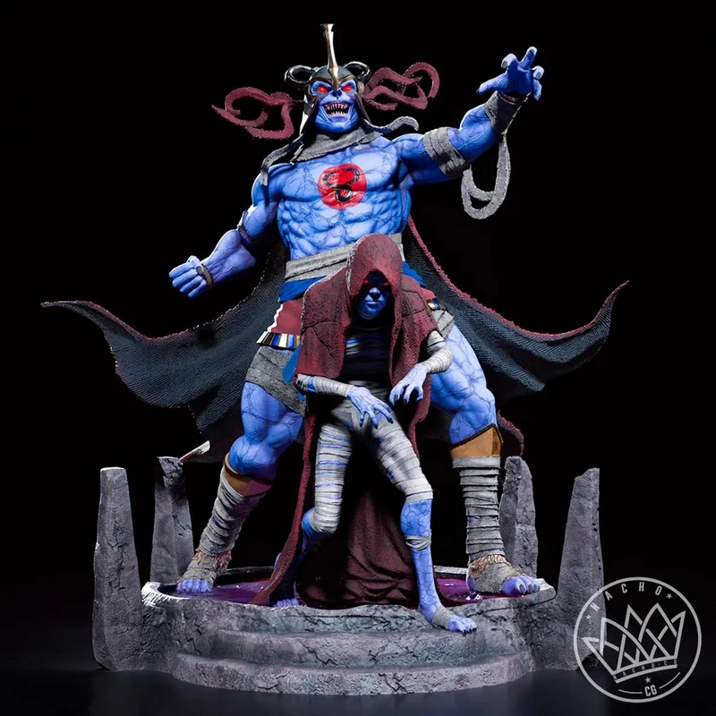 Mumm-Ra ThunderCats statue with a blue figure, hooded figure, and rocky base