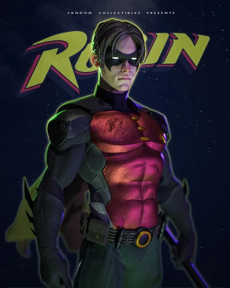 Tim Drake as Robin in a red-and-black suit with mask, cape, and utility belt