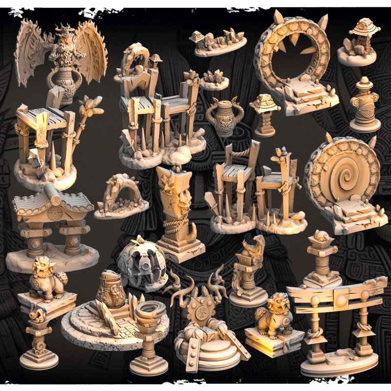 Fantasy tabletop prop collection with ornate arches, shrines, pedestals, urns, crystals, and decorative figures