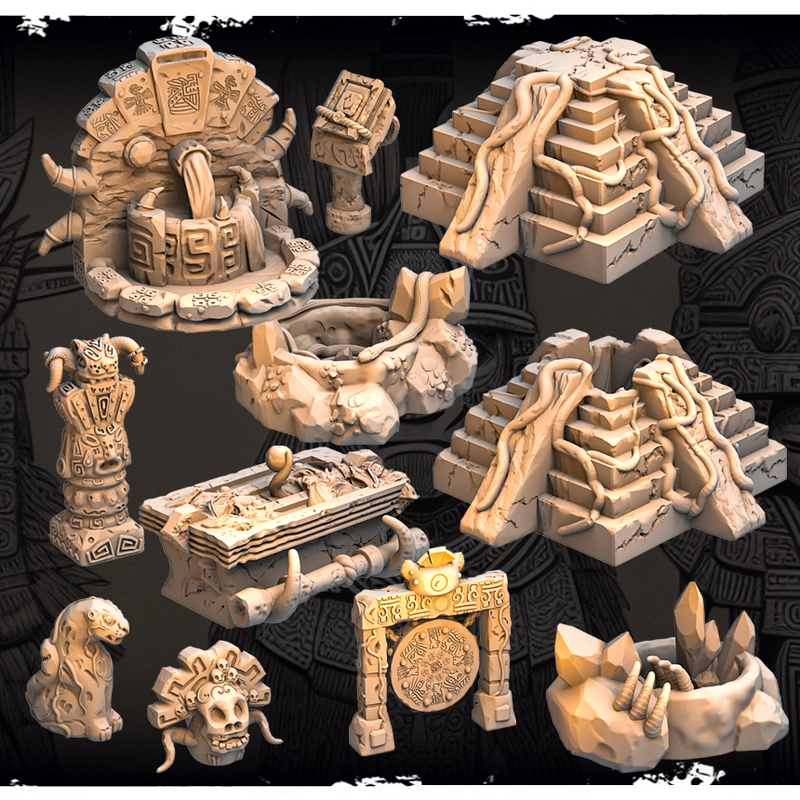 Fantasy tabletop terrain collection with carved ruins, shrines, masks, and totems