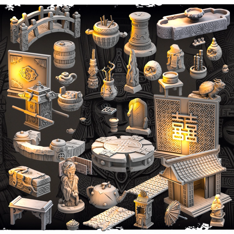 Fantasy tabletop prop collection with a bridge, building, vessels, furniture, figures, and carved panels