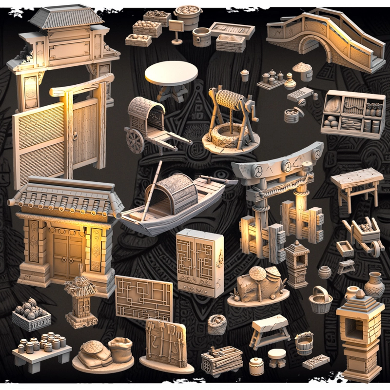 Fantasy tabletop prop pack with market buildings, carts, boat, bridge, stalls, crates, jars, and miniature scenery