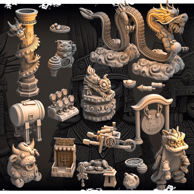 Fantasy tabletop STL collection with dragons, creatures, props, lanterns, and decorative accessories