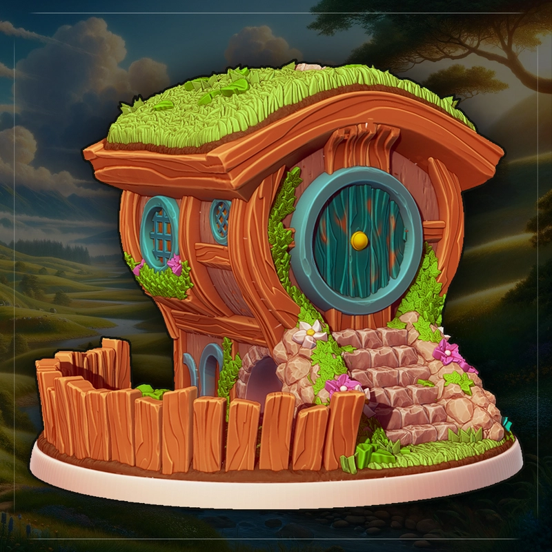 Fantasy Greenhill dice tower shaped like a cottage with a grass roof and stone steps