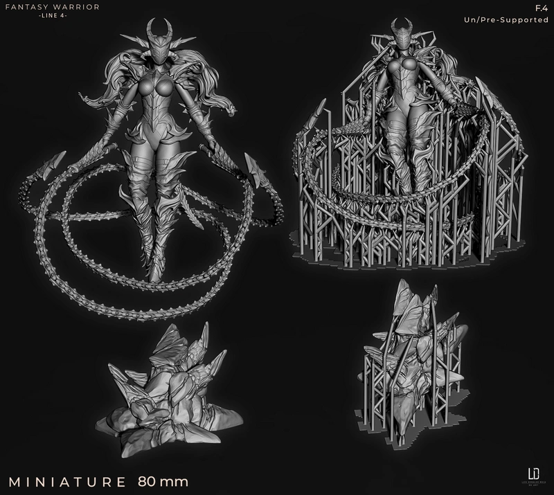 Original fantasy warrior miniature with horned armor and looping segmented tendrils