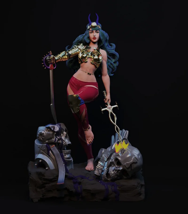 White Sorceress fantasy female figure with blue hair, ornate armor, swords, and a sculpted base