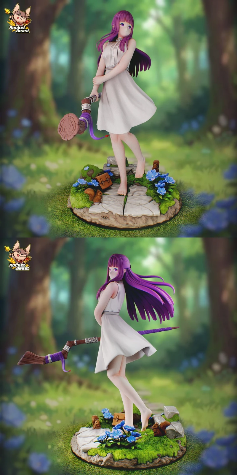 Fern from Frieren in a white dress on a woodland display base