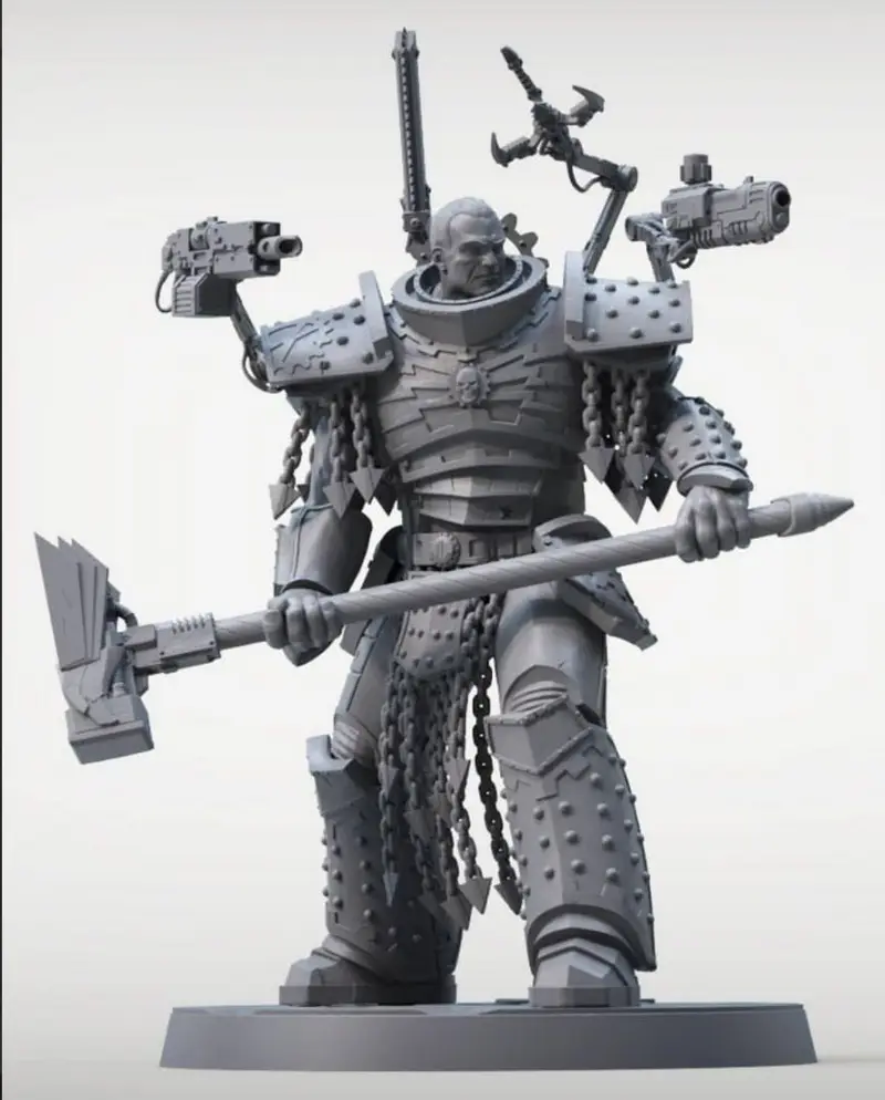 Ferrus Manus armored Warhammer 40,000 figure with polearm and shoulder weapons