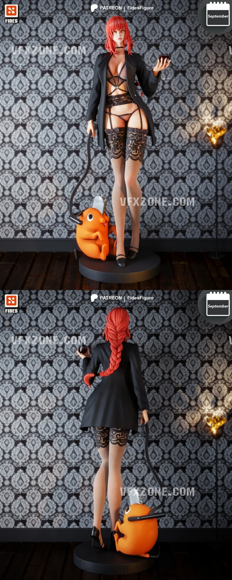 Makima Chainsaw Man figure with red hair, black coat, whip, and orange companion