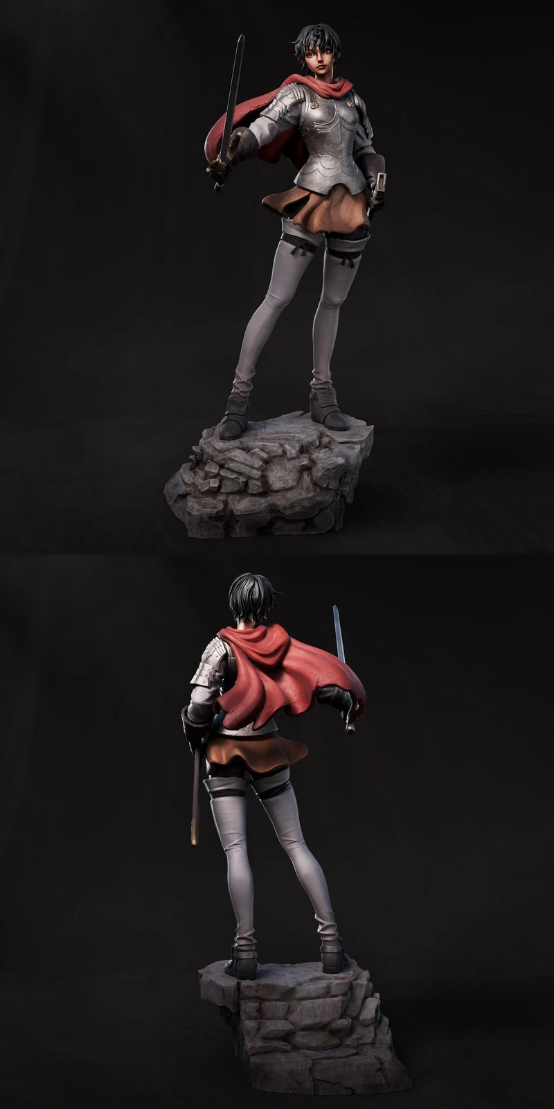 Caska from Berserk armored statue holding a sword on a rocky base