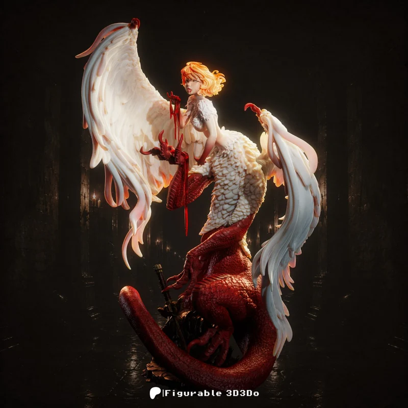 Falin Touden as a winged red dragon-bodied fantasy figure
