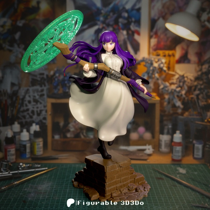 Fern from Frieren: Beyond Journey's End holding a staff on a stone base