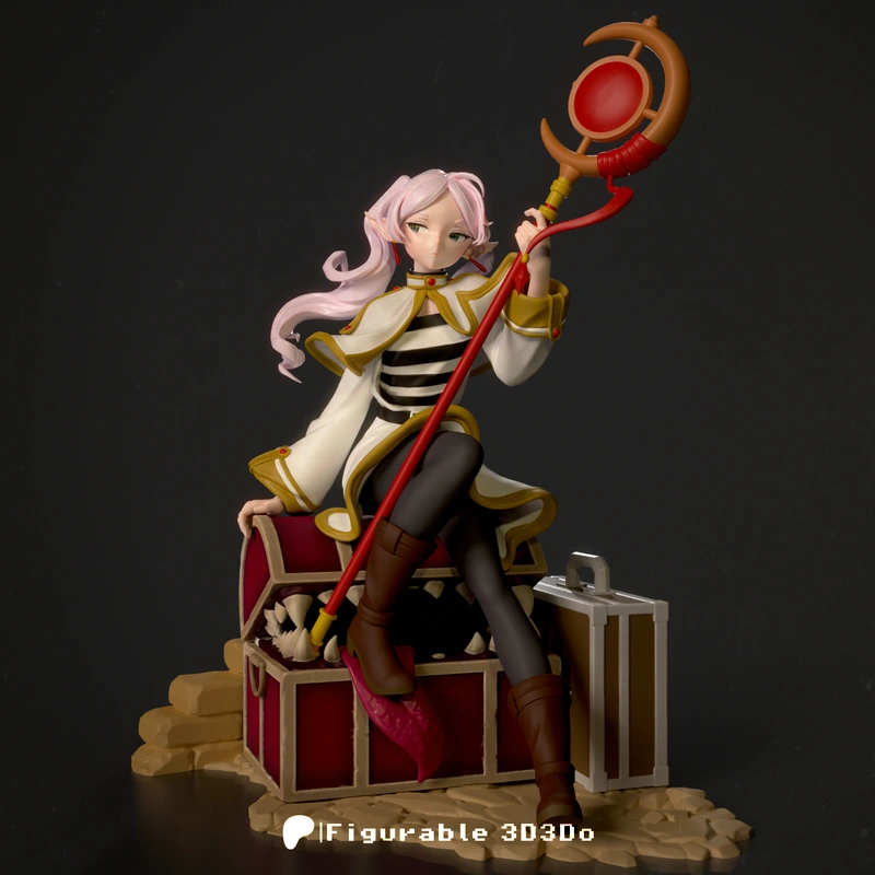 Seated pink-haired fantasy mage figure with staff, treasure chest, and case