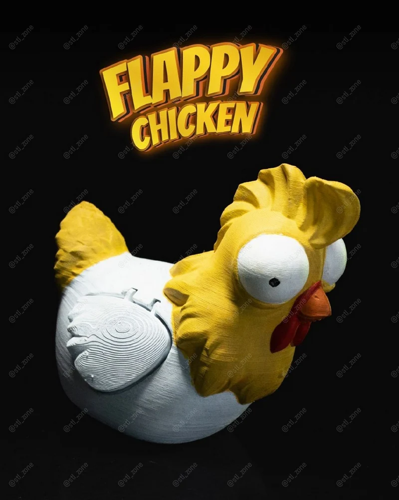 Flappy Bird-inspired yellow chicken 3D printed figure with oversized eyes