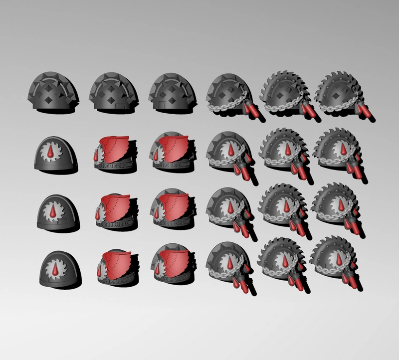 Flesh Tearer shoulder pads with red emblems, chains, spikes, and gothic armor details