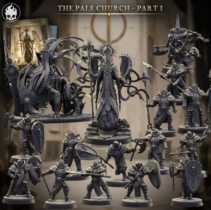 The Pale Church fantasy miniatures with armored warriors and a central robed figure