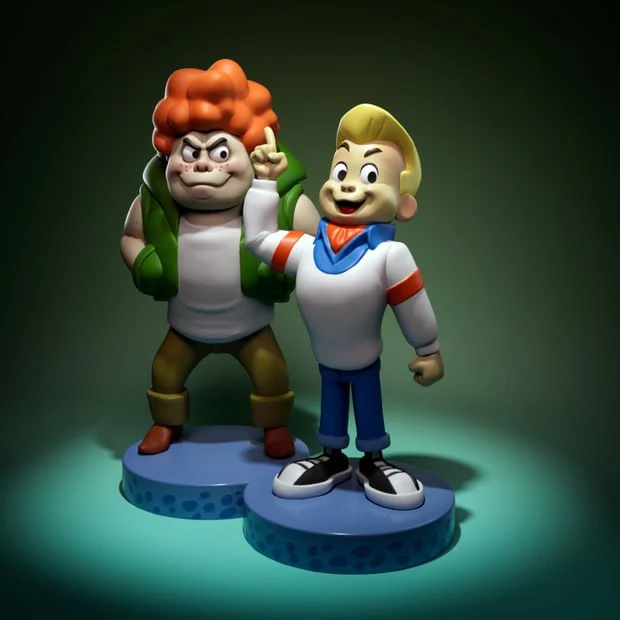 Two cartoon figures, a blond boy and red-haired companion, on separate blue display bases