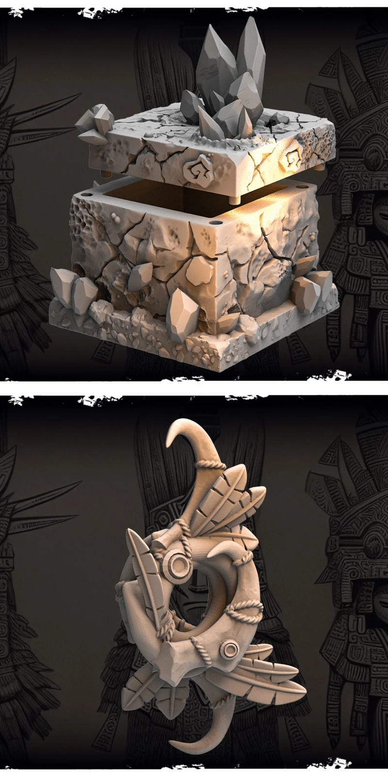 Fantasy crystal terrain block and ornate ring-like tabletop prop