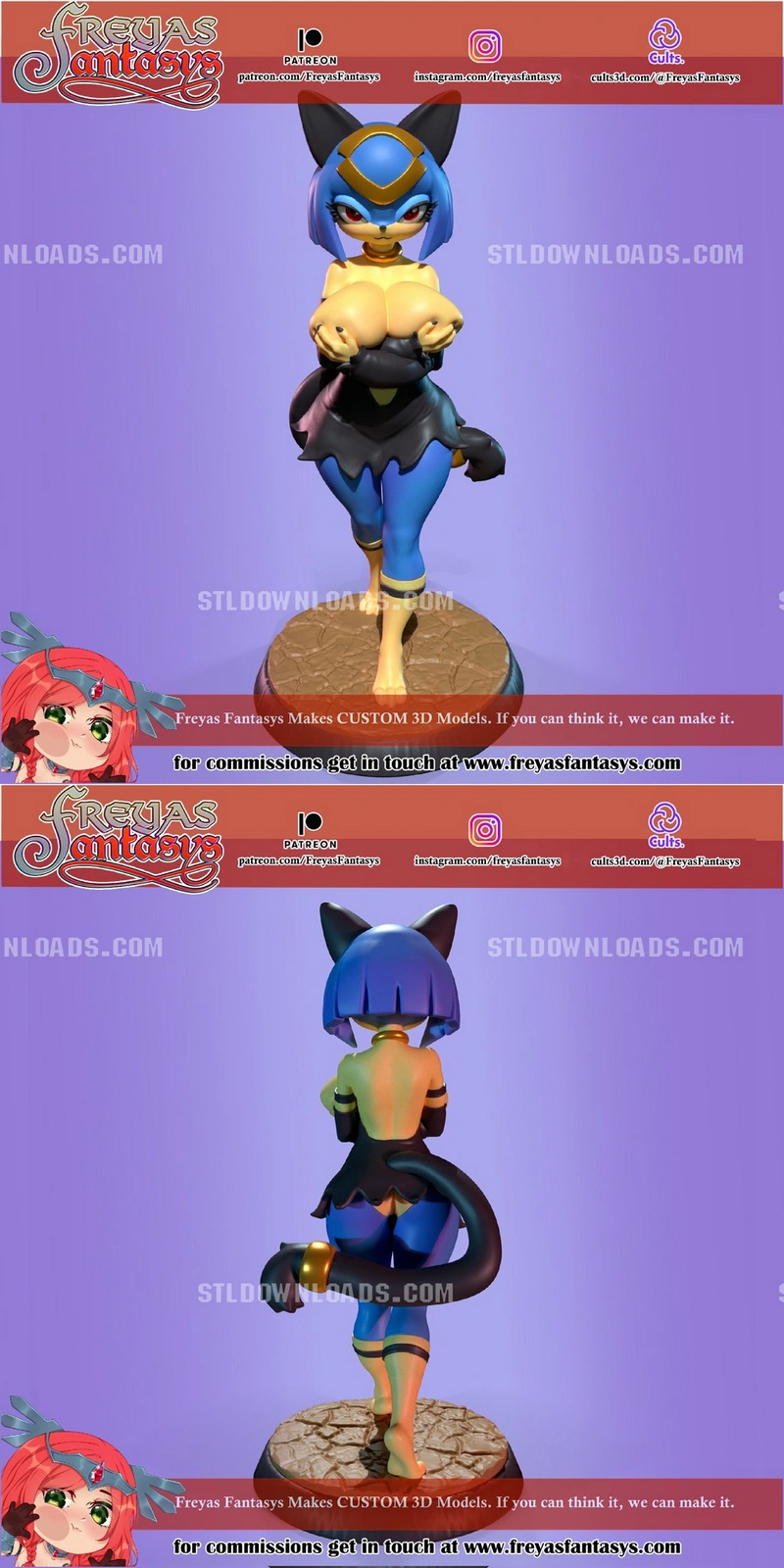 Sekhmet Palworld feline character figure with blue hair, curled tail, and display base