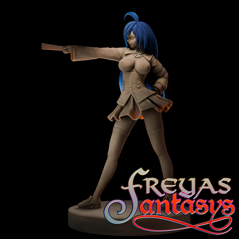 Medaka anime character figure with blue hair, pointing pose, layered outfit, and round display base