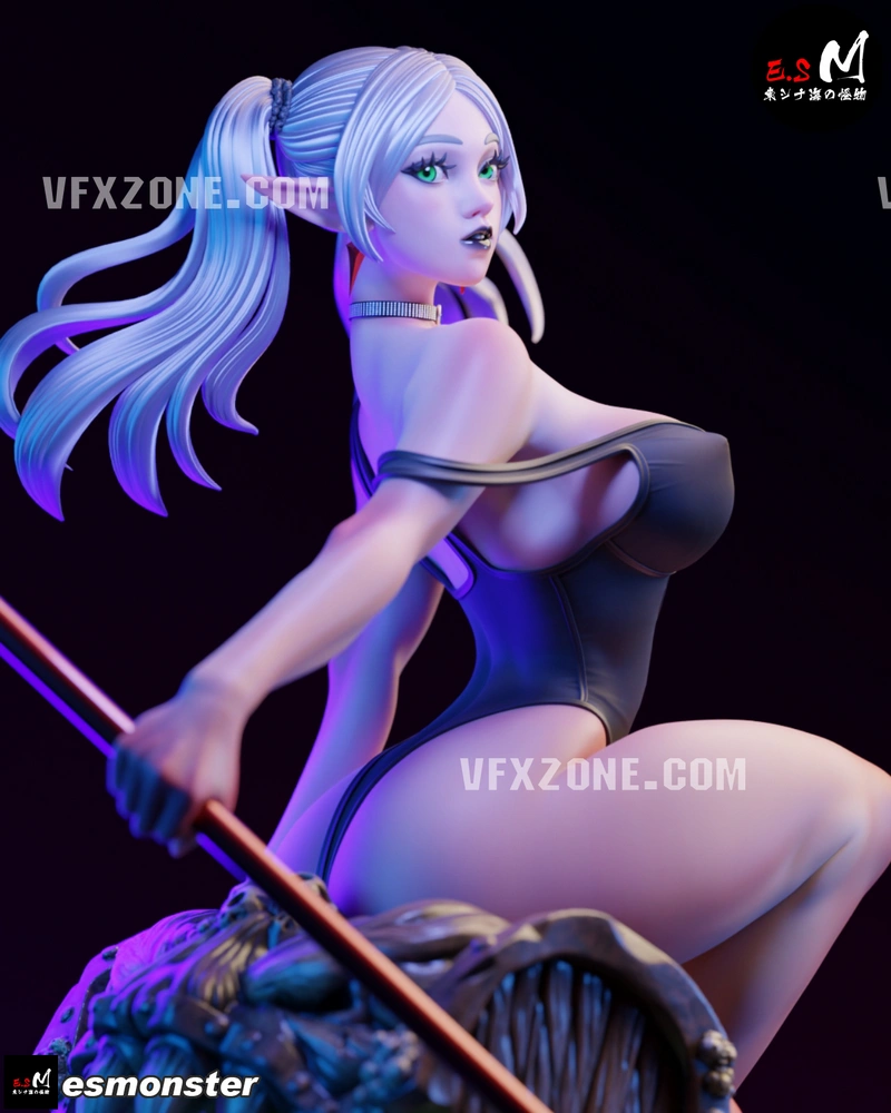 Pale-haired female fantasy character figure with green eyes, dark costume, and staff
