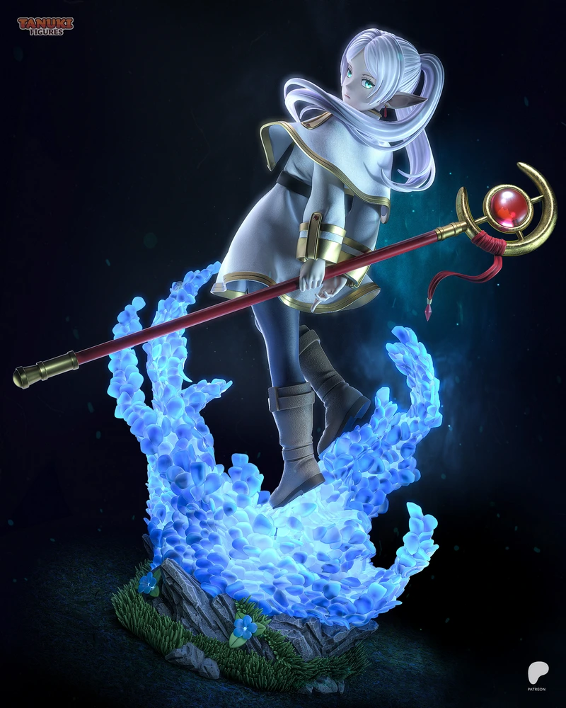 Frieren elf mage figure with staff on a glowing blue crystal base