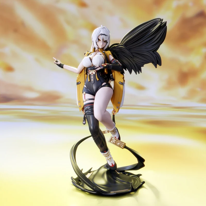 Yixuan Zenless Zone Zero figure with white hair, yellow coat, black wings, and display base