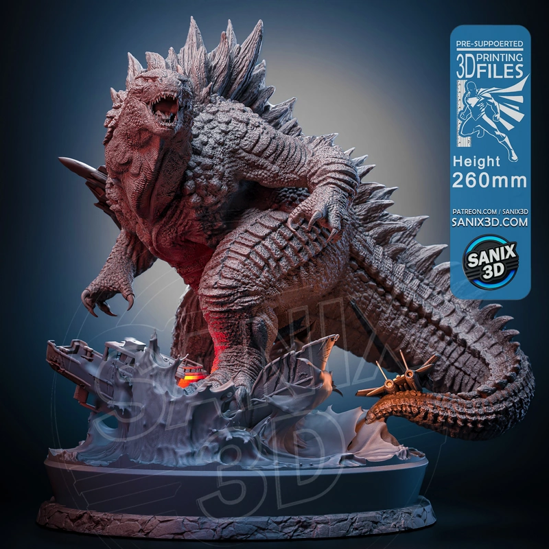 Roaring Godzilla 3D model with dorsal plates, claws, curled tail, and a detailed display base