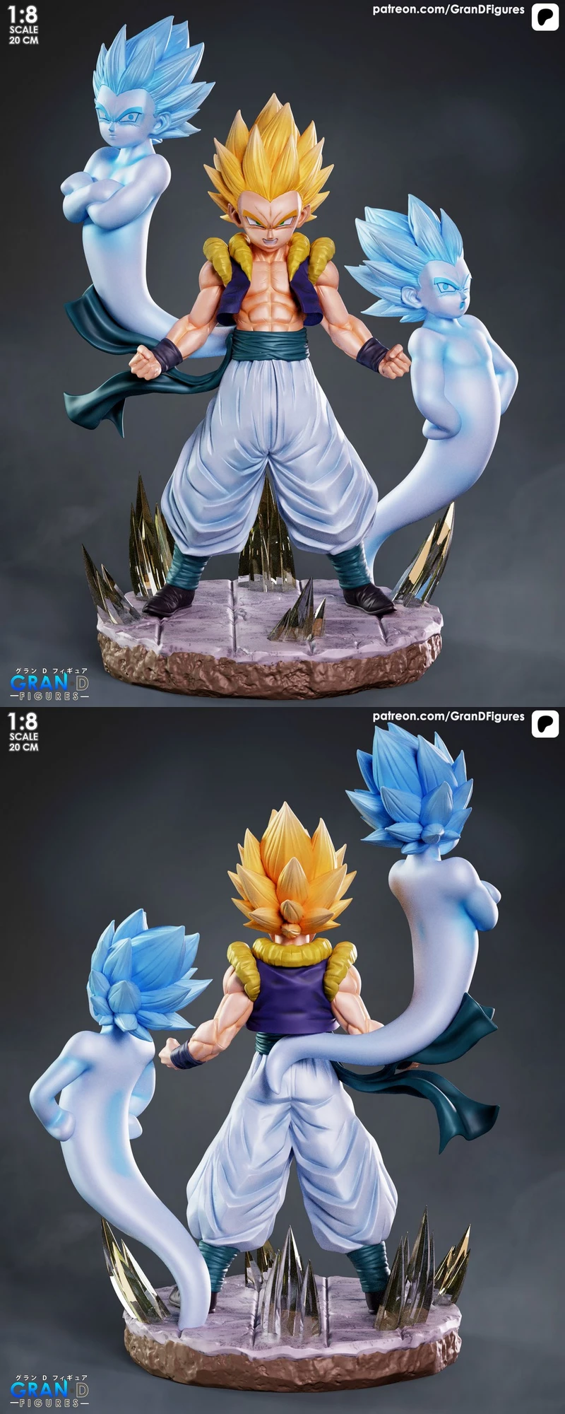 Gotenks Dragon Ball statue with blue-haired spectral figures on a crystal base