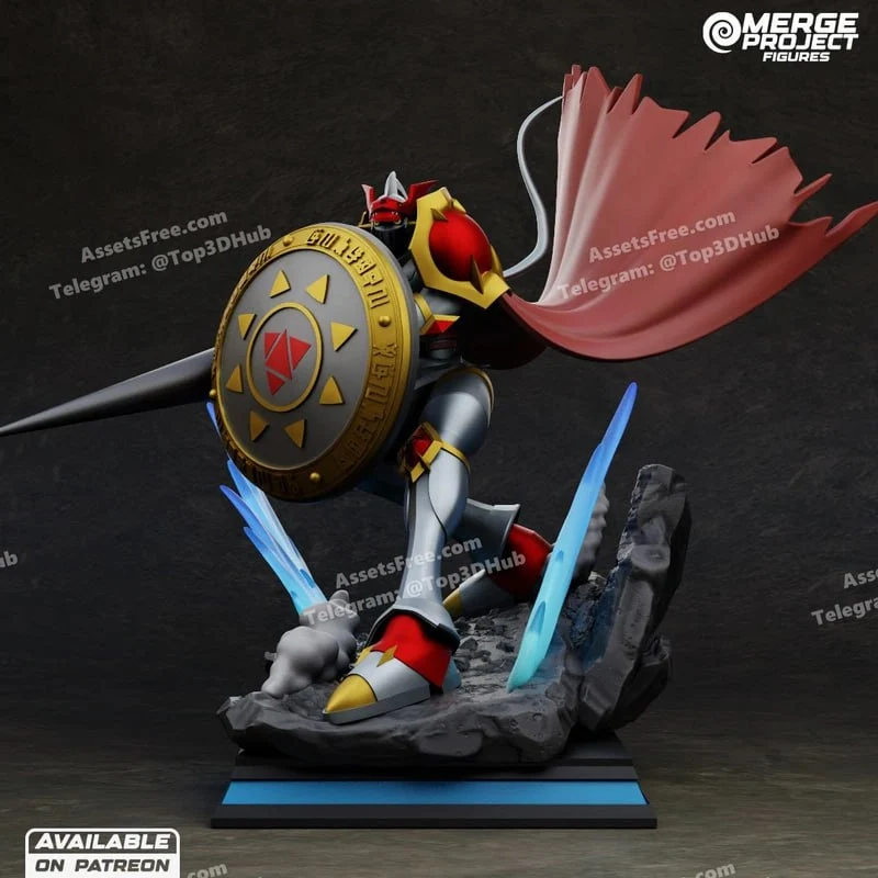 Gallantmon Digimon armored figure with shield, lance, red cape, blue energy effects, and rocky base