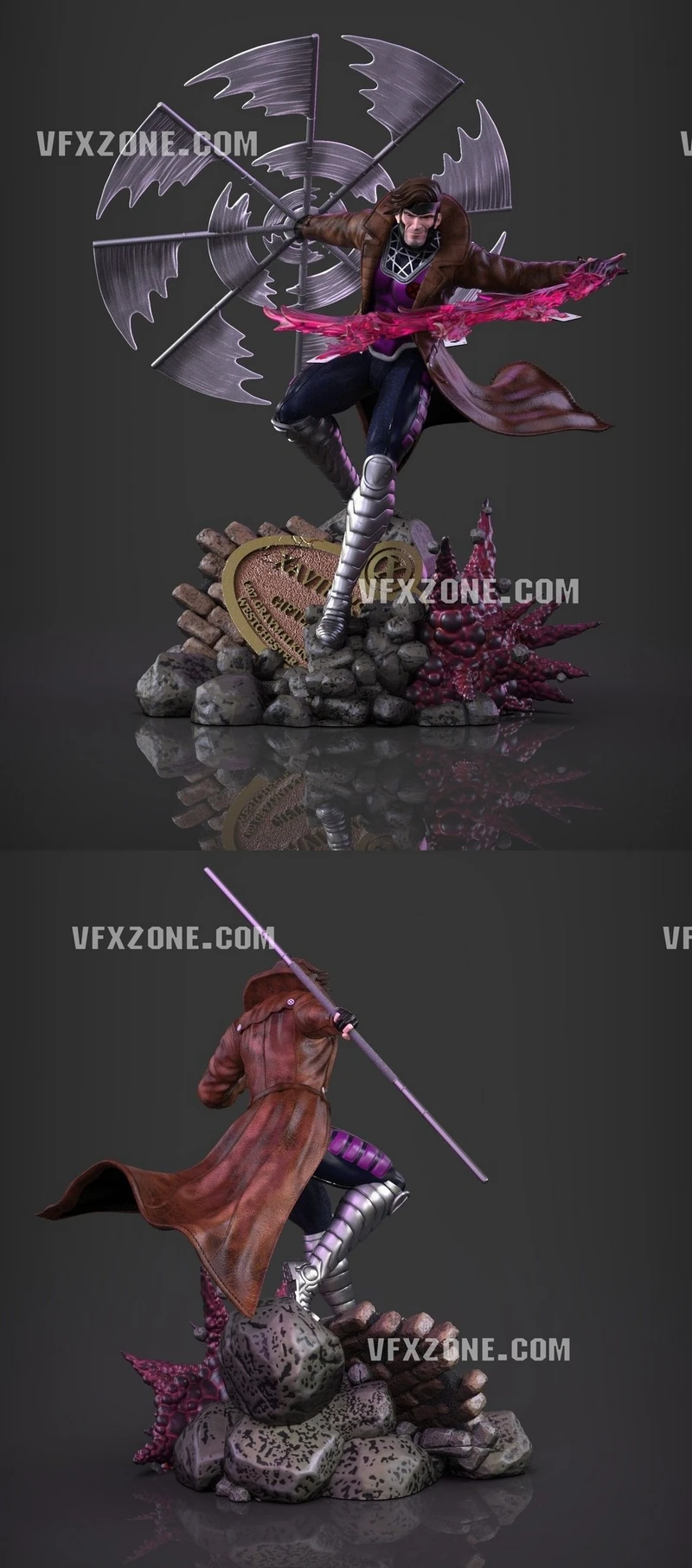 Marvel Gambit diorama with staff, magenta energy, coat and rocky base