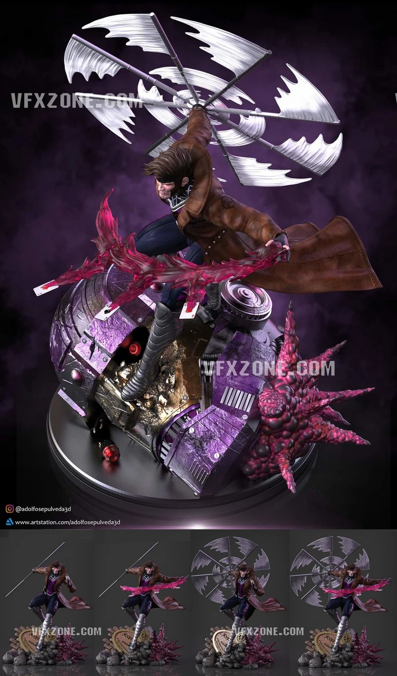 Gambit Marvel fan art figure with staff, cards, magenta energy, and radial blades