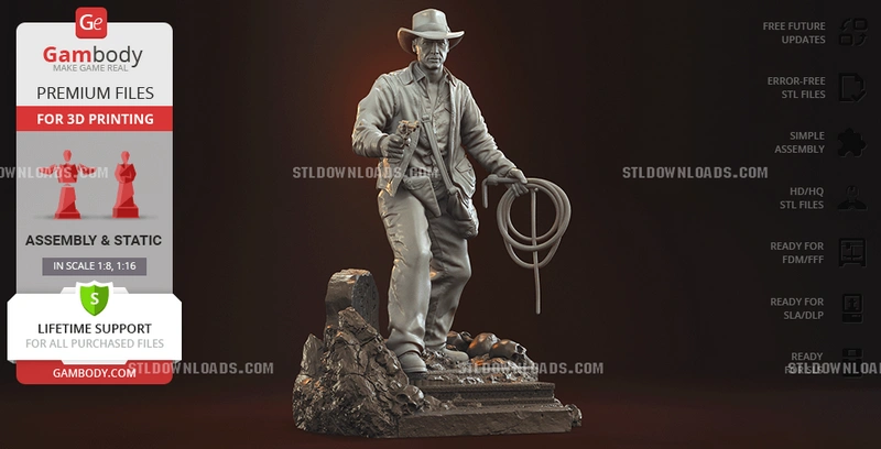 Indiana Jones statue with fedora, coiled whip, satchel, and rocky base