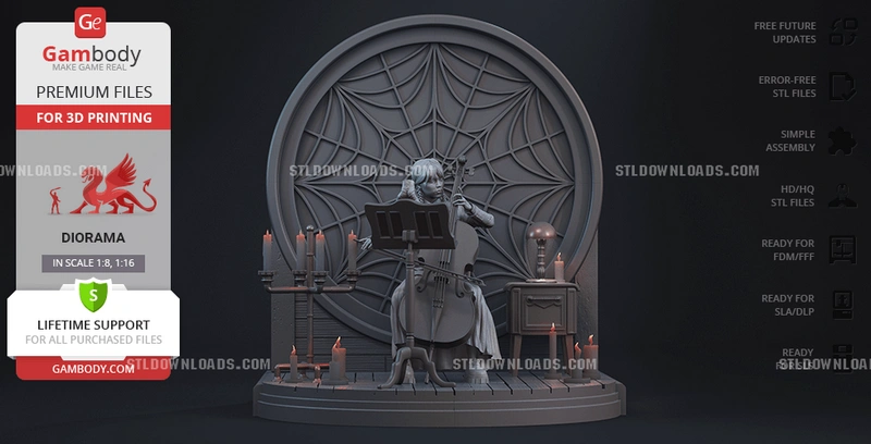 Wednesday diorama with cello, candles, and spiderweb backdrop
