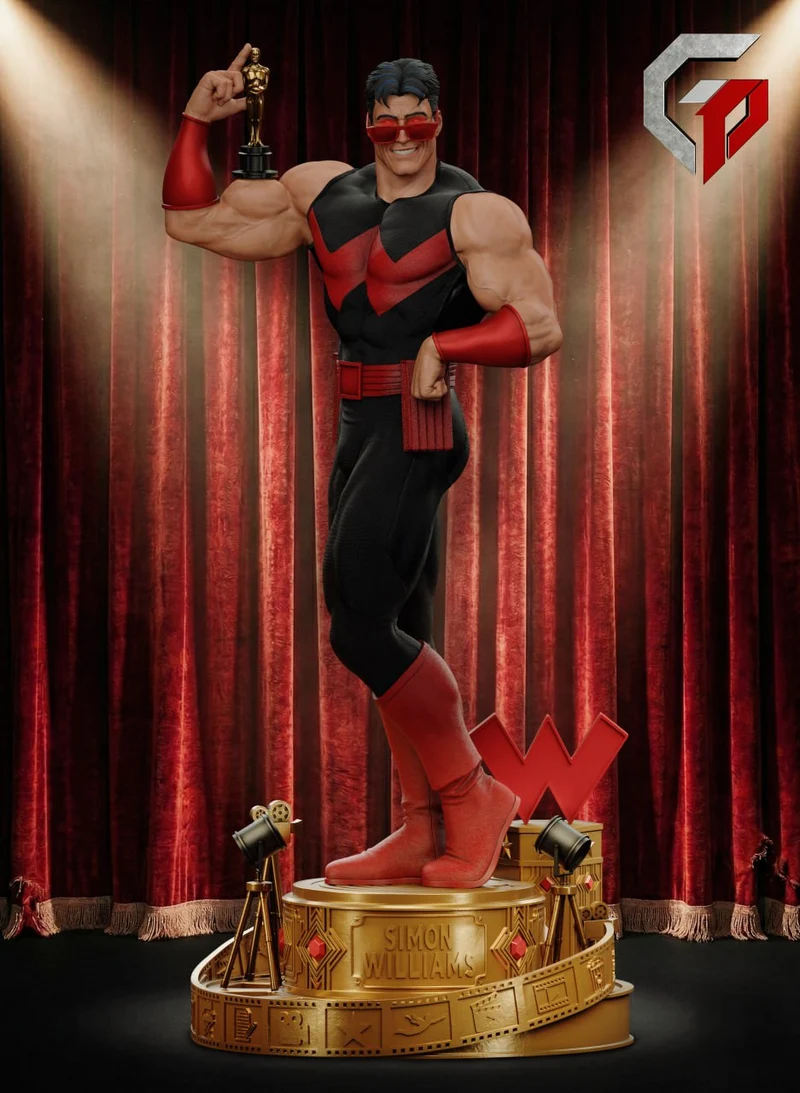 Wonder Man Marvel superhero figure in a red-and-black costume on a gold display base