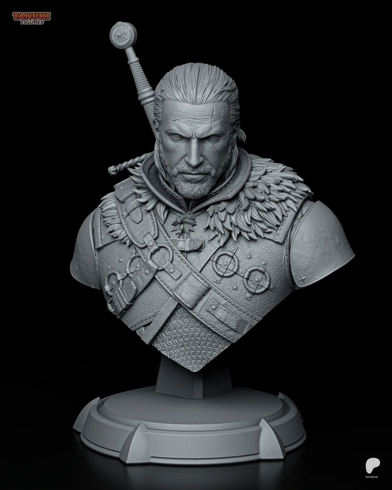 Geralt of Rivia bust with fur collar, armor, sword, and display base