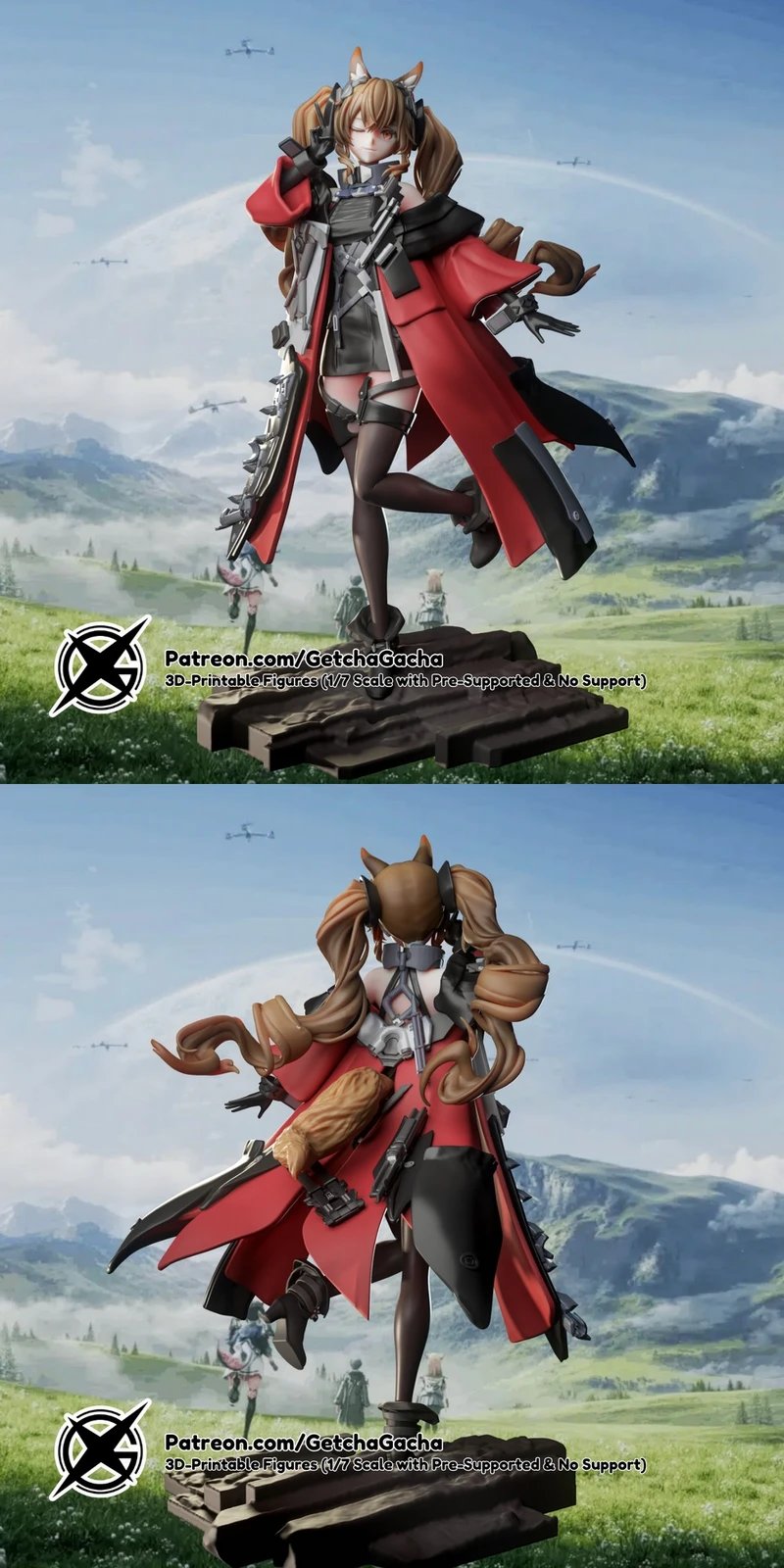 Gilberta from Arknights: Endfield in a red-and-black outfit on a display base