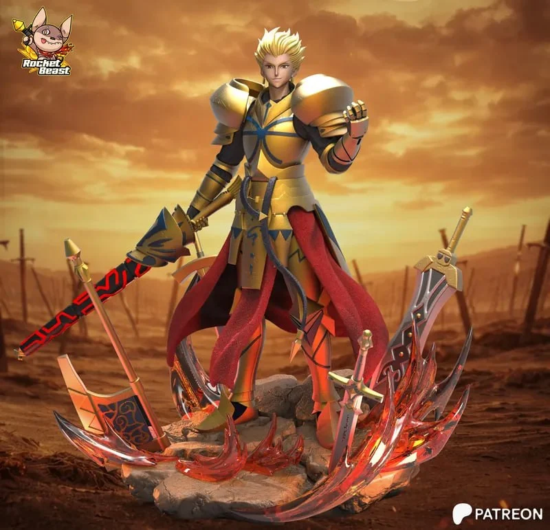 Gilgamesh from Fate in gold armor with weapons and a red cape on an ornate base