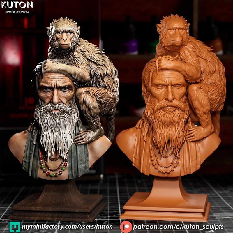 Girish and Bandar bearded character busts with monkey companions