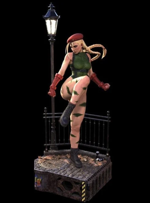 Cammy Street Fighter fan art figure with beret and urban display base
