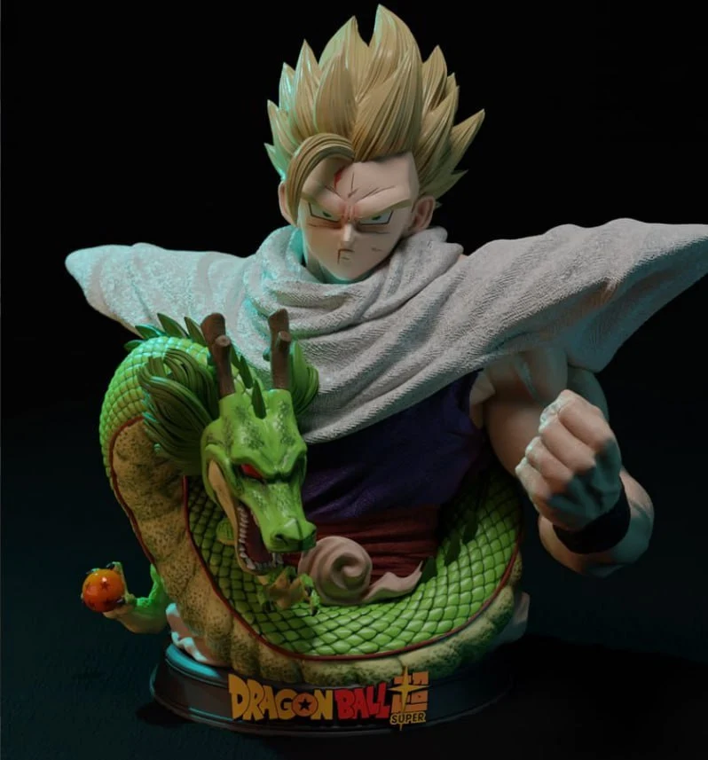 Gohan Dragon Ball Super bust with Shenron, cape, clenched fist, and display base