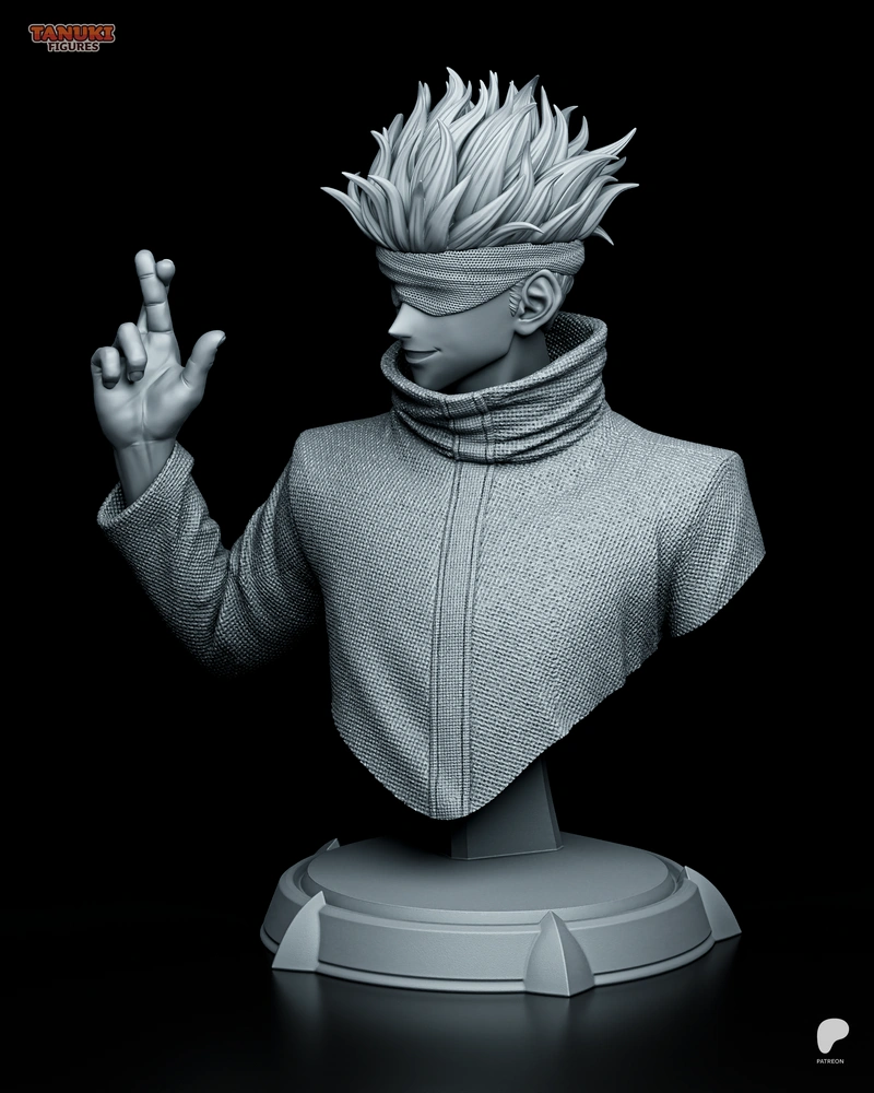 Satoru Gojo Jujutsu Kaisen character bust with blindfold and raised hand