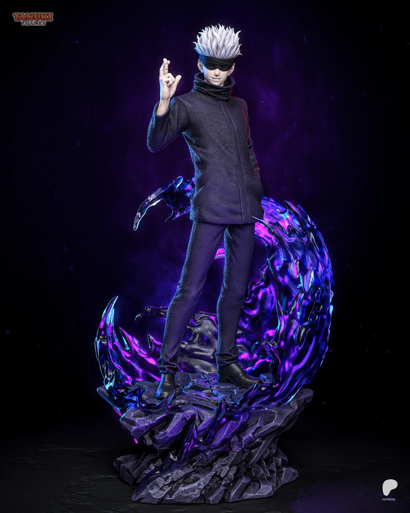Gojo anime figure with white hair, blindfold, purple energy, and rocky base